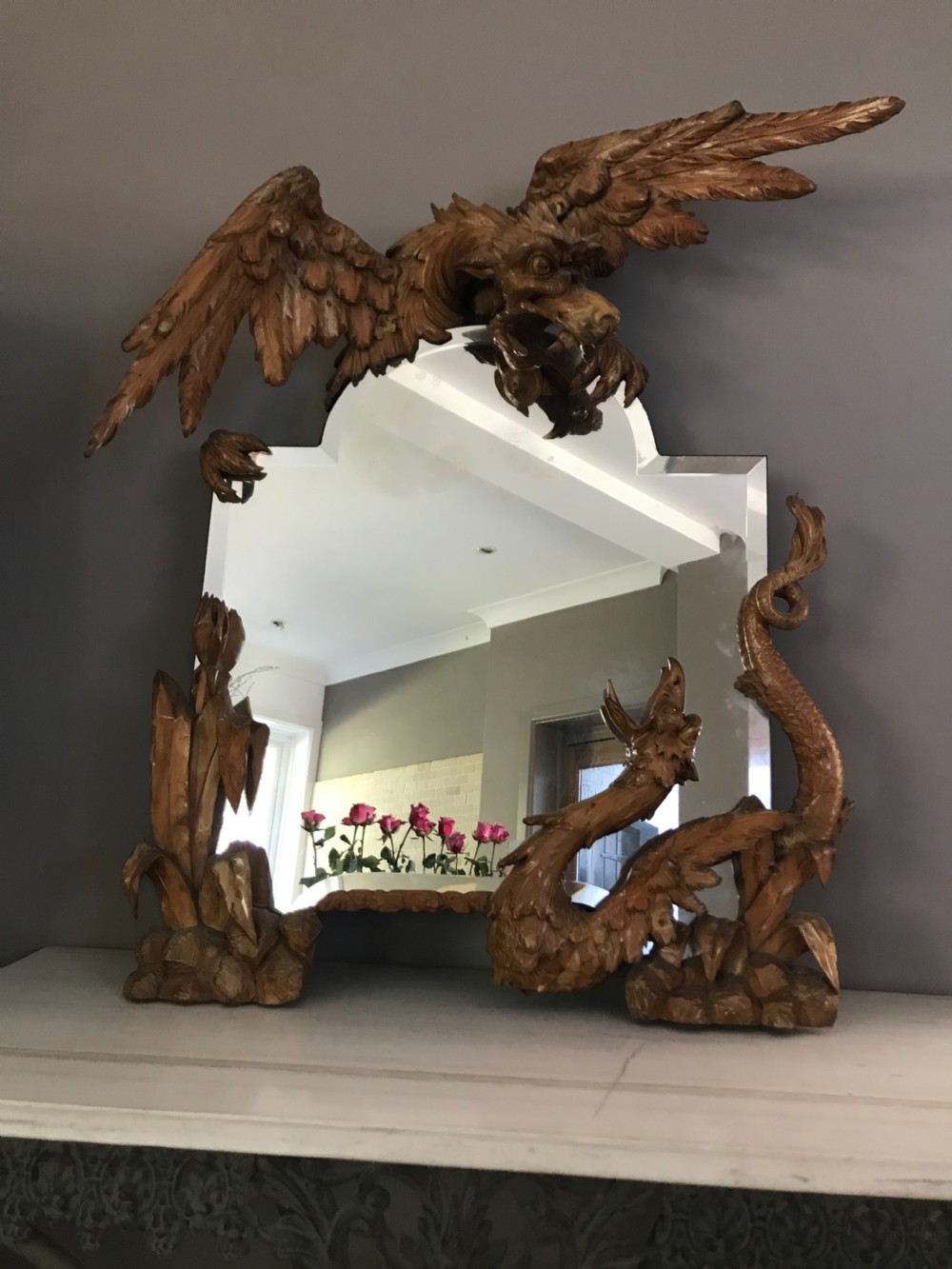 19th Century French Carved Walnut Dragon Overmantel Mirror Gabriel Viardot