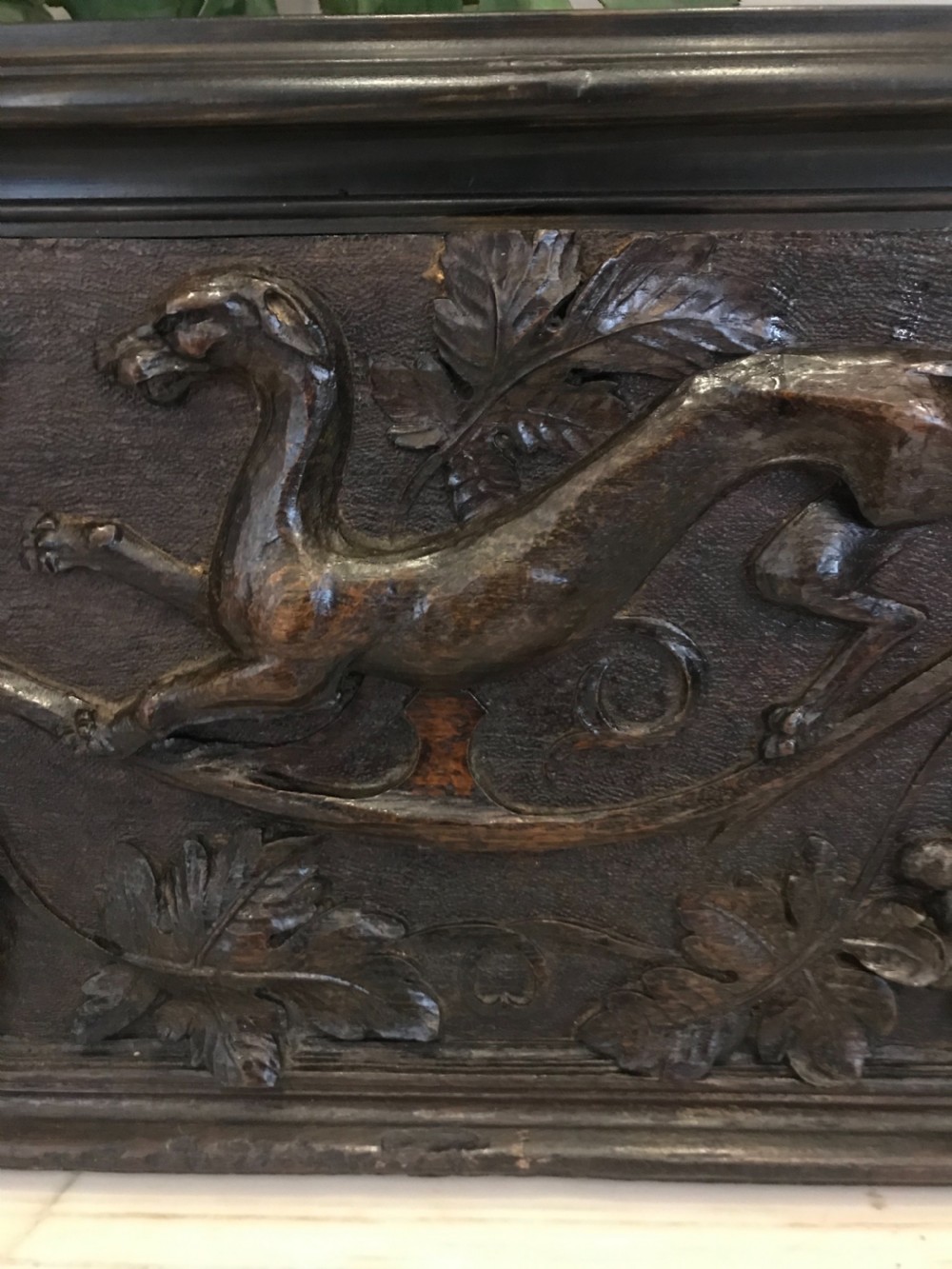 18th Century Carved Oak Fox and Beasts Overmantel Panel View II