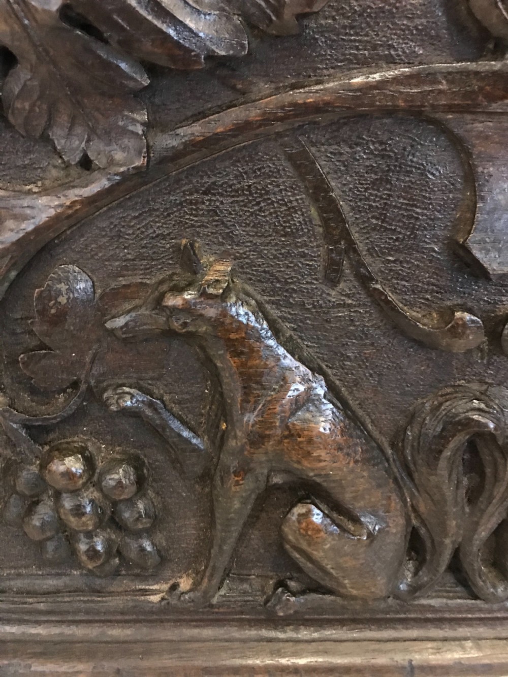 18th Century Carved Oak Fox and Beasts Overmantel Panel View III