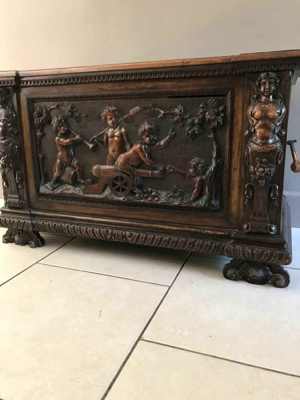 18th Century Carved Renaissance Walnut Putti and Cannon Chest Cassone 