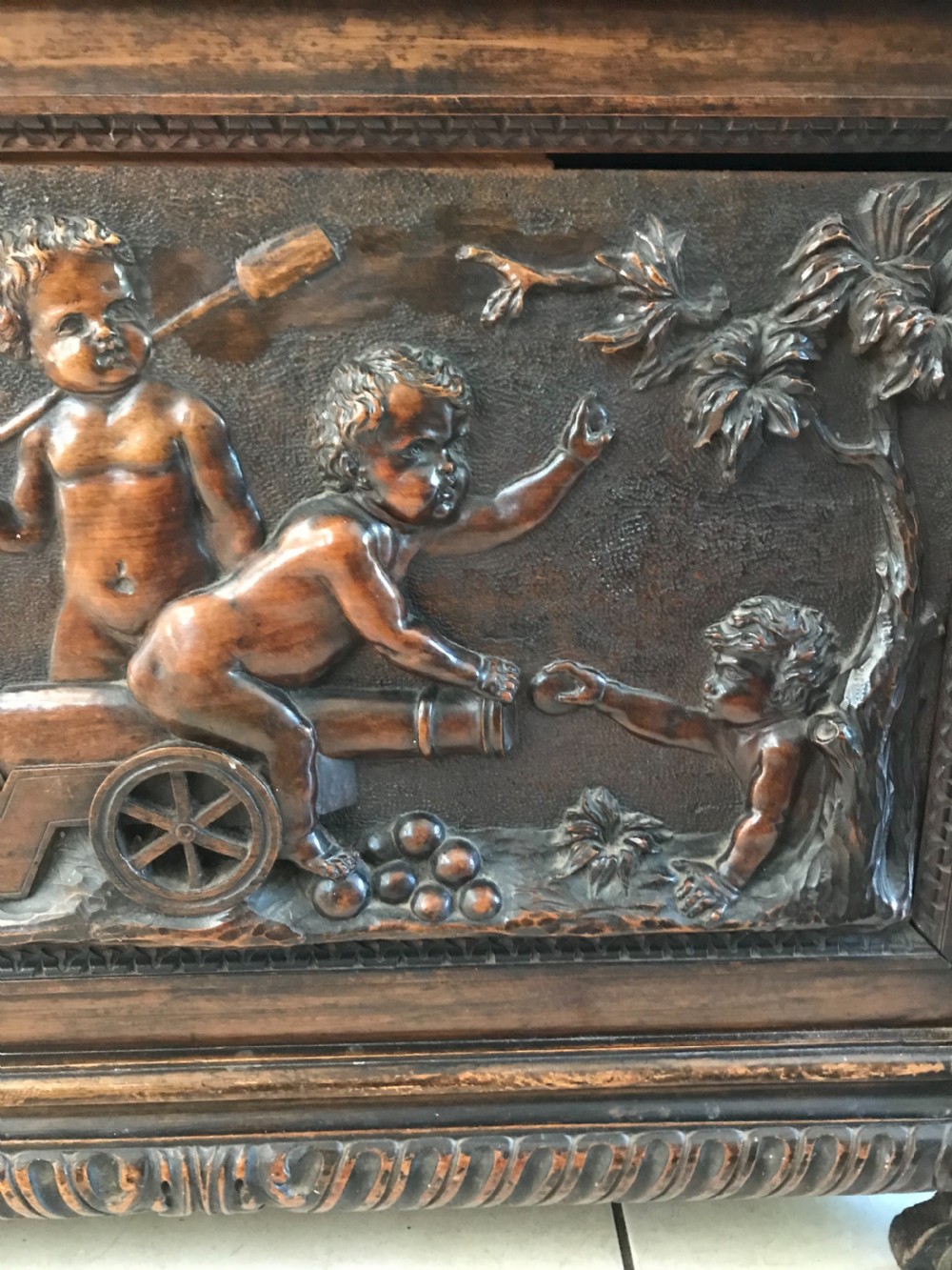 18th Century Carved Renaissance Walnut Putti and Cannon Chest Cassone  View III