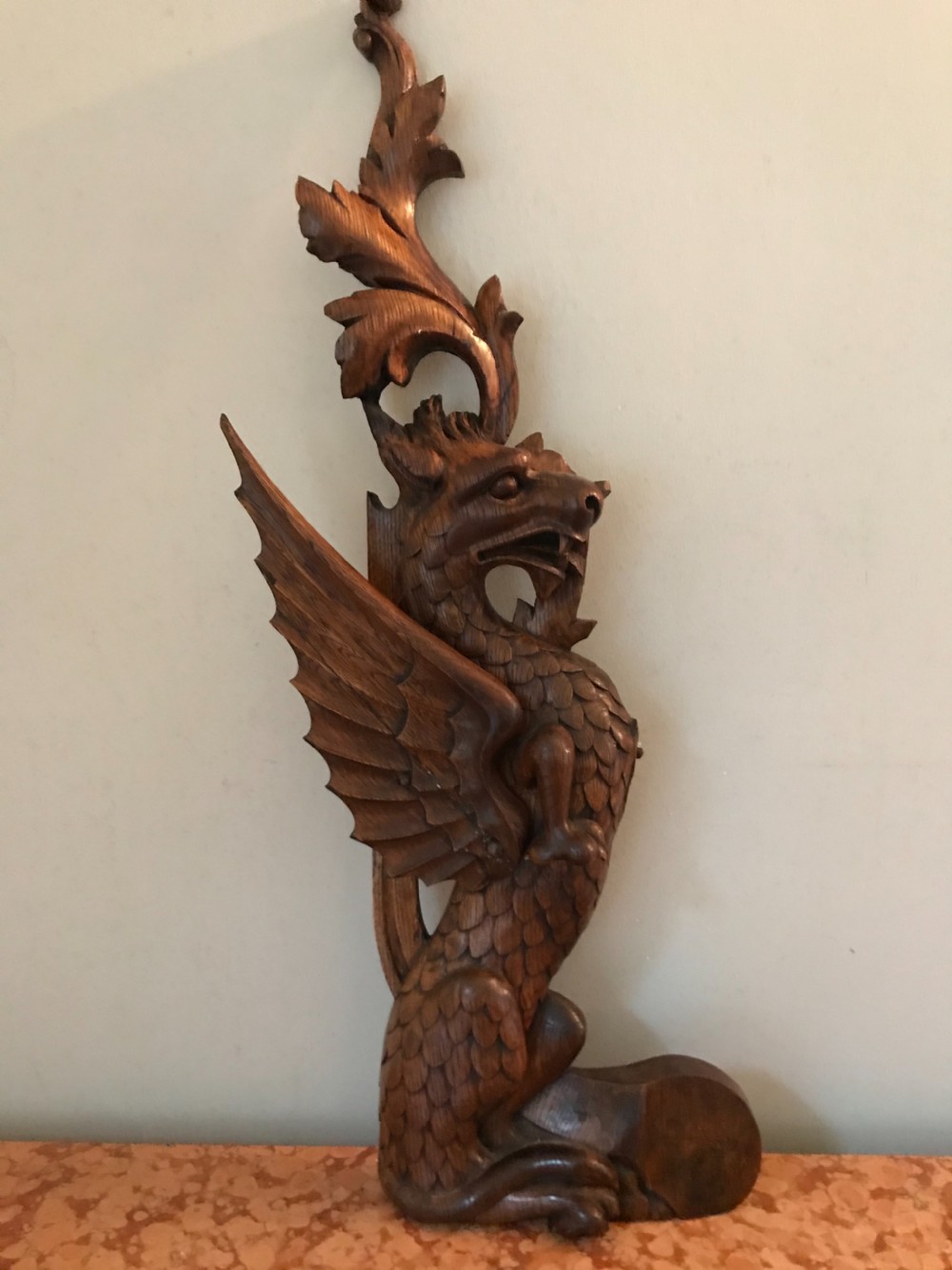 Antique Carved Oak Winged Dragon Panel