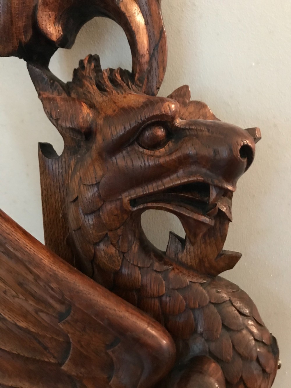 Antique Carved Oak Winged Dragon Panel View II