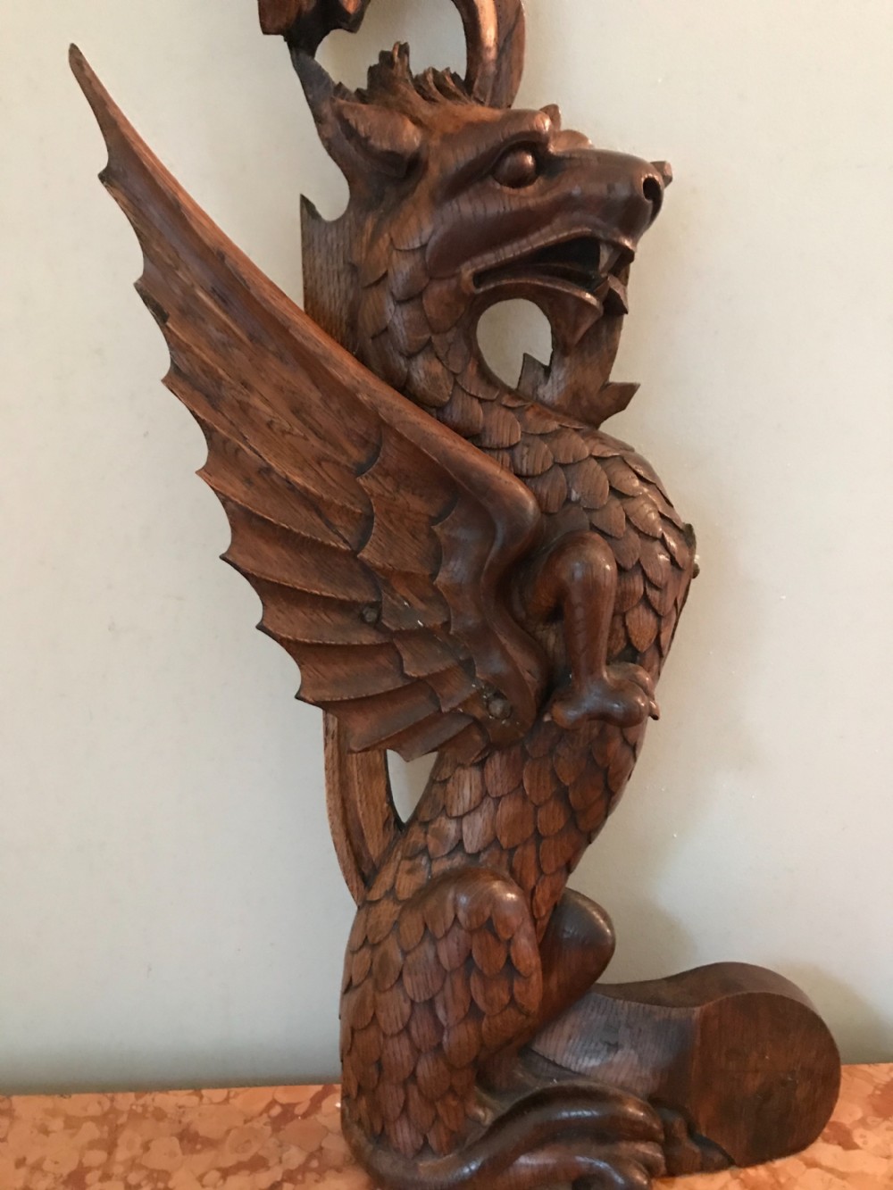 Antique Carved Oak Winged Dragon Panel View III