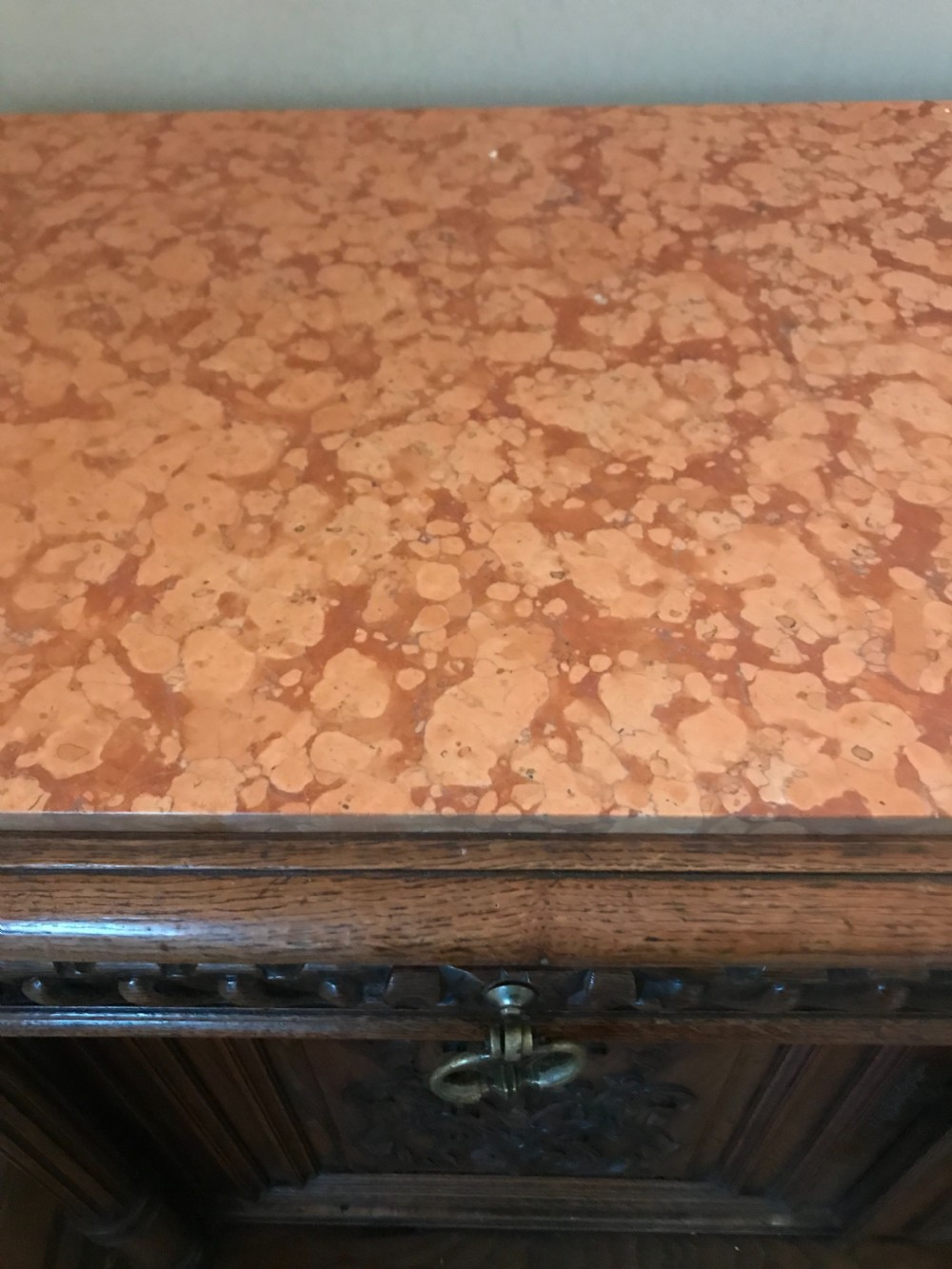 Antique Carved Oak Cabinet with Marble Top View III