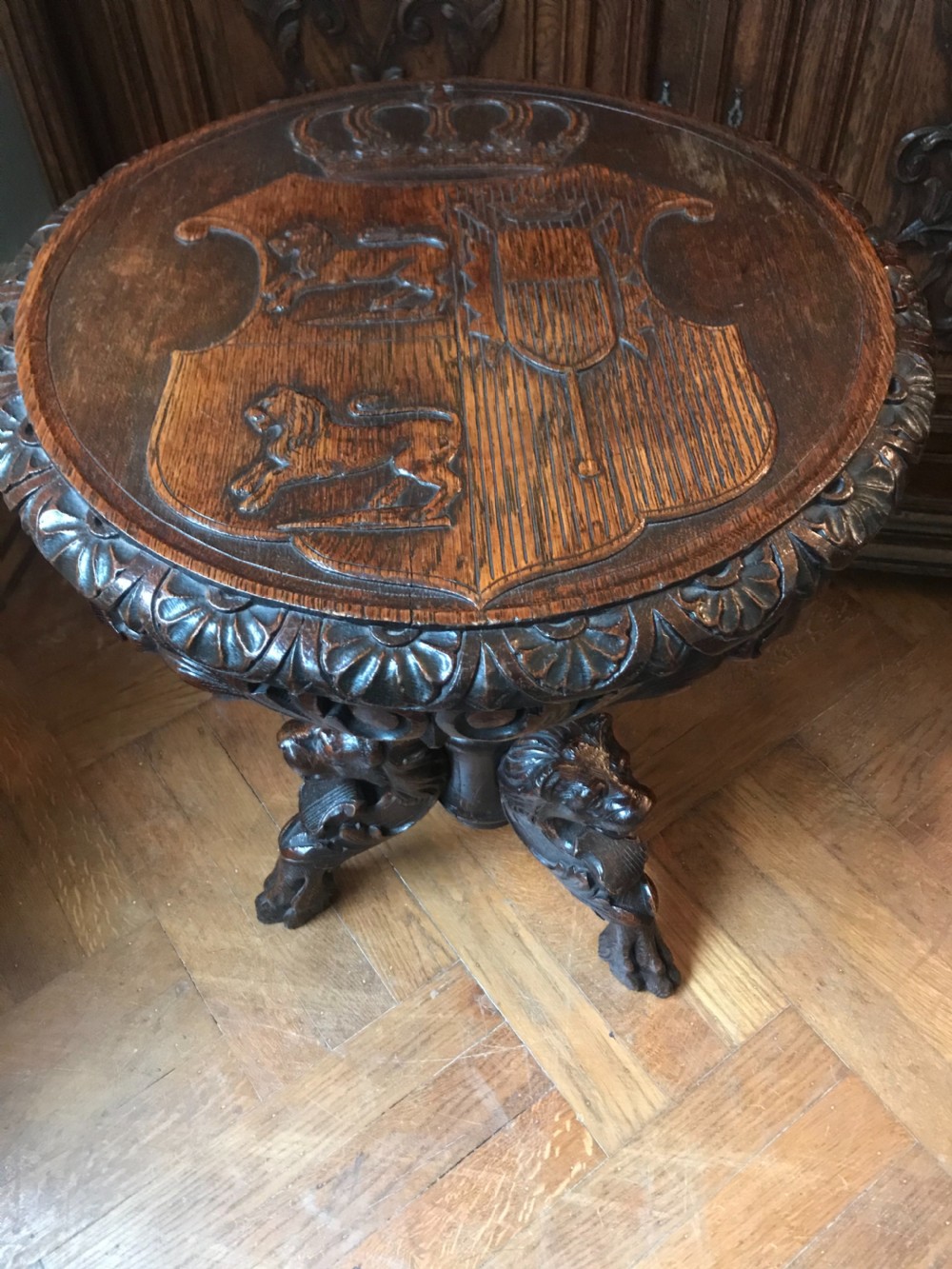 19th Century Carved Oak Heraldic Side Table Lion Paw Feet