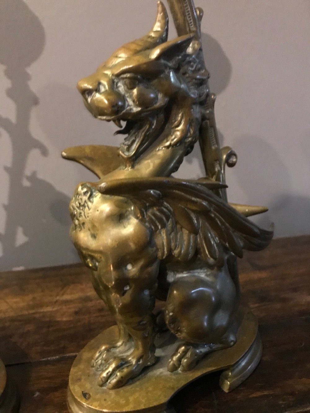 19th Century Bronze Winged Griffin Lamps View II