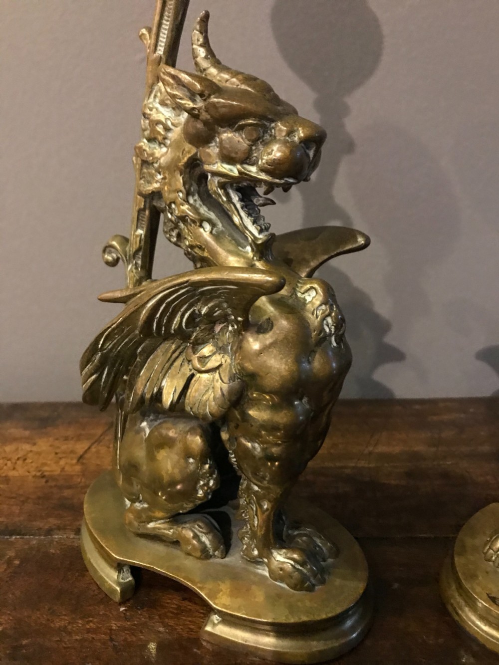 19th Century Bronze Winged Griffin Lamps View IV