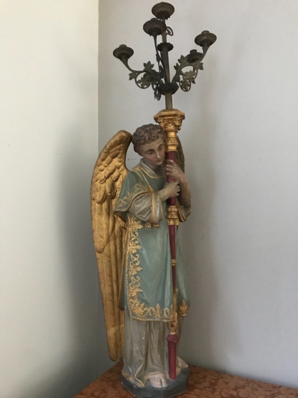 Antique Huge Terracotta Gothic Winged Angel Candelabra