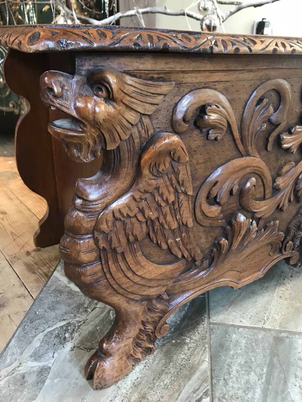 Antique Carved Walnut Griffin Cassone View II