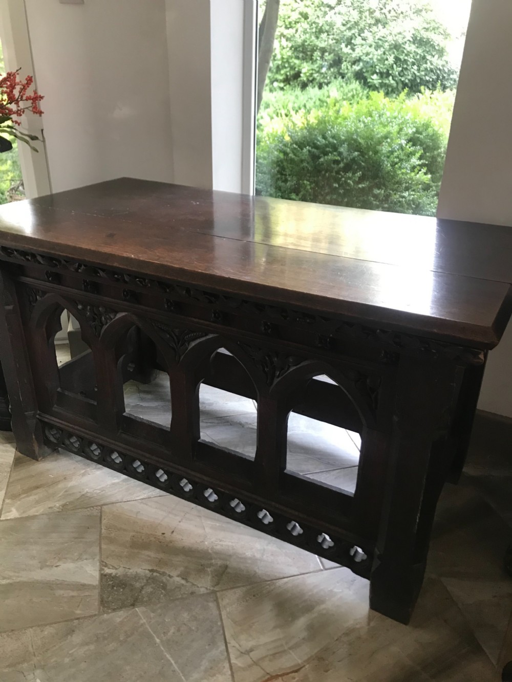 19TH CENTURY CARVED OAK GOTHIC ALTAR TABLE