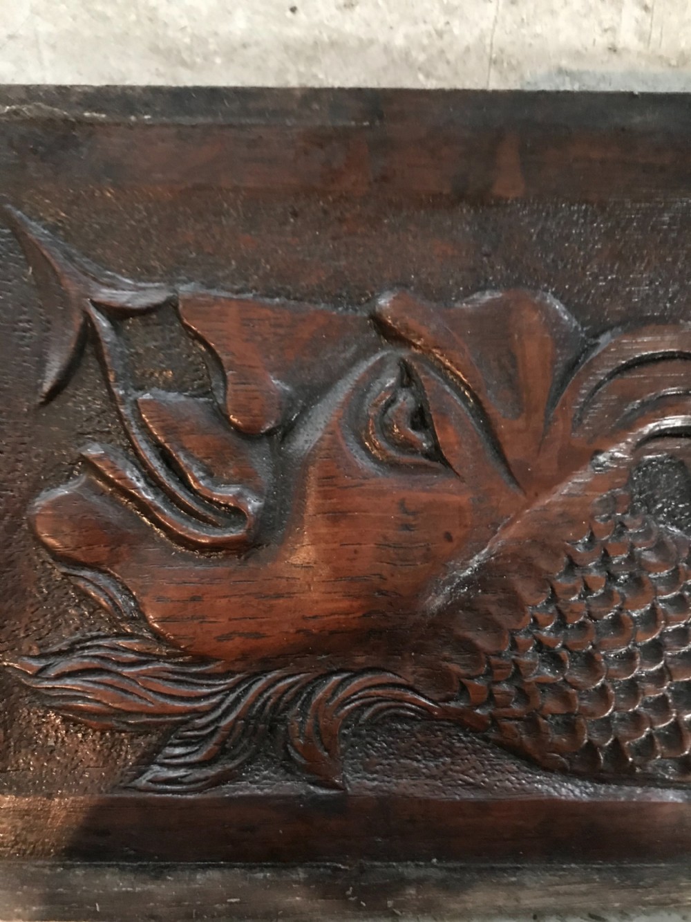RARE 17TH CENTURY CARVED OAK Whimsical Mythical Devil Panel  View II