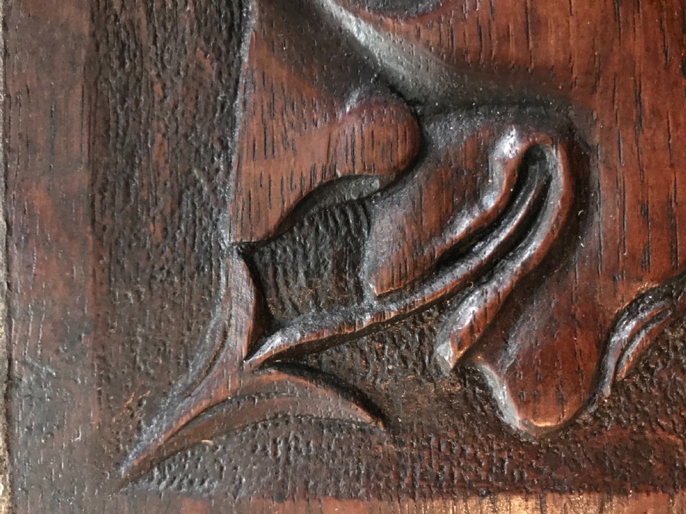 RARE 17TH CENTURY CARVED OAK Whimsical Mythical Devil Panel  View III