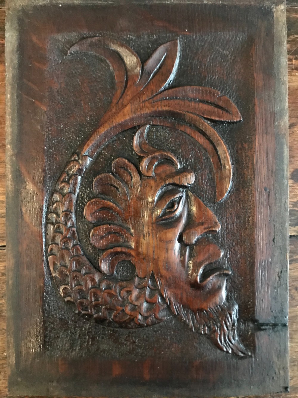 RARE 17th Century Carved Oak Mythical Merman Panel 