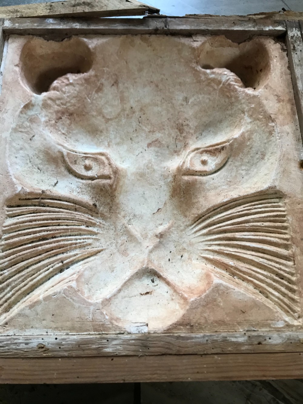 A 19th-century relief plaster mould displaying an incised carving of a cats face set within a square wooden frame. View III