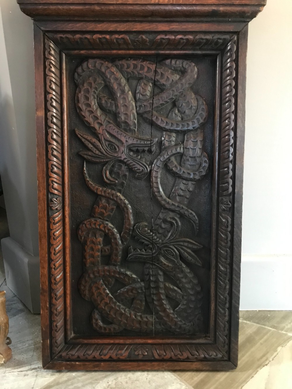 Victorian Celtic Dragon and Snakes Carved Oak Panel