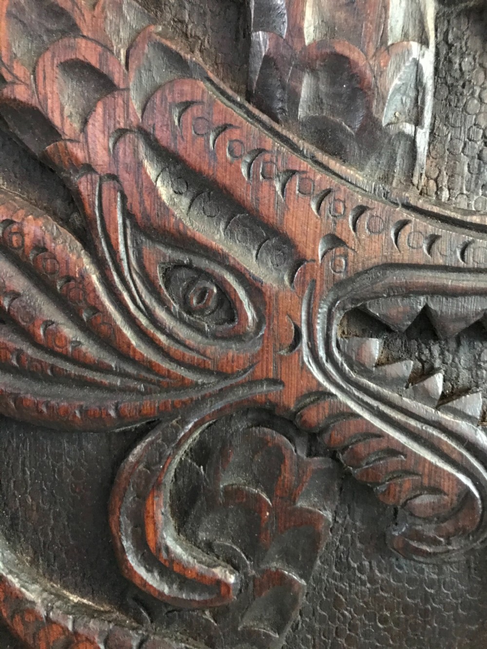 Victorian Celtic Dragon and Snakes Carved Oak Panel View II