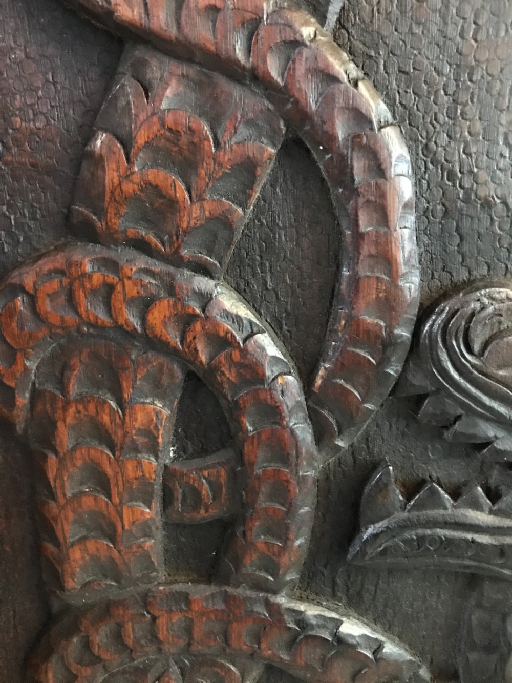 Victorian Celtic Dragon and Snakes Carved Oak Panel View III