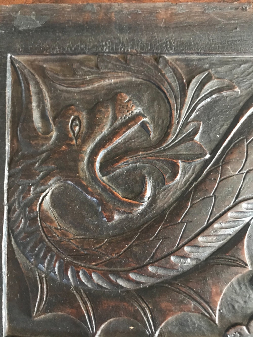 18th Century Gorgeous Carved Oak Dragon Panel. View II