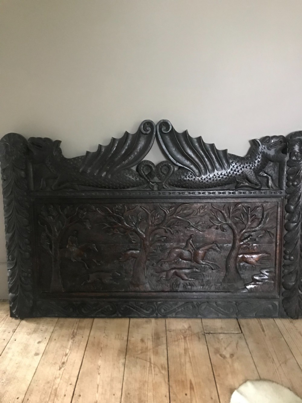 LARGE 19th Century Carved Oak Hunting Dog and Horse Panel