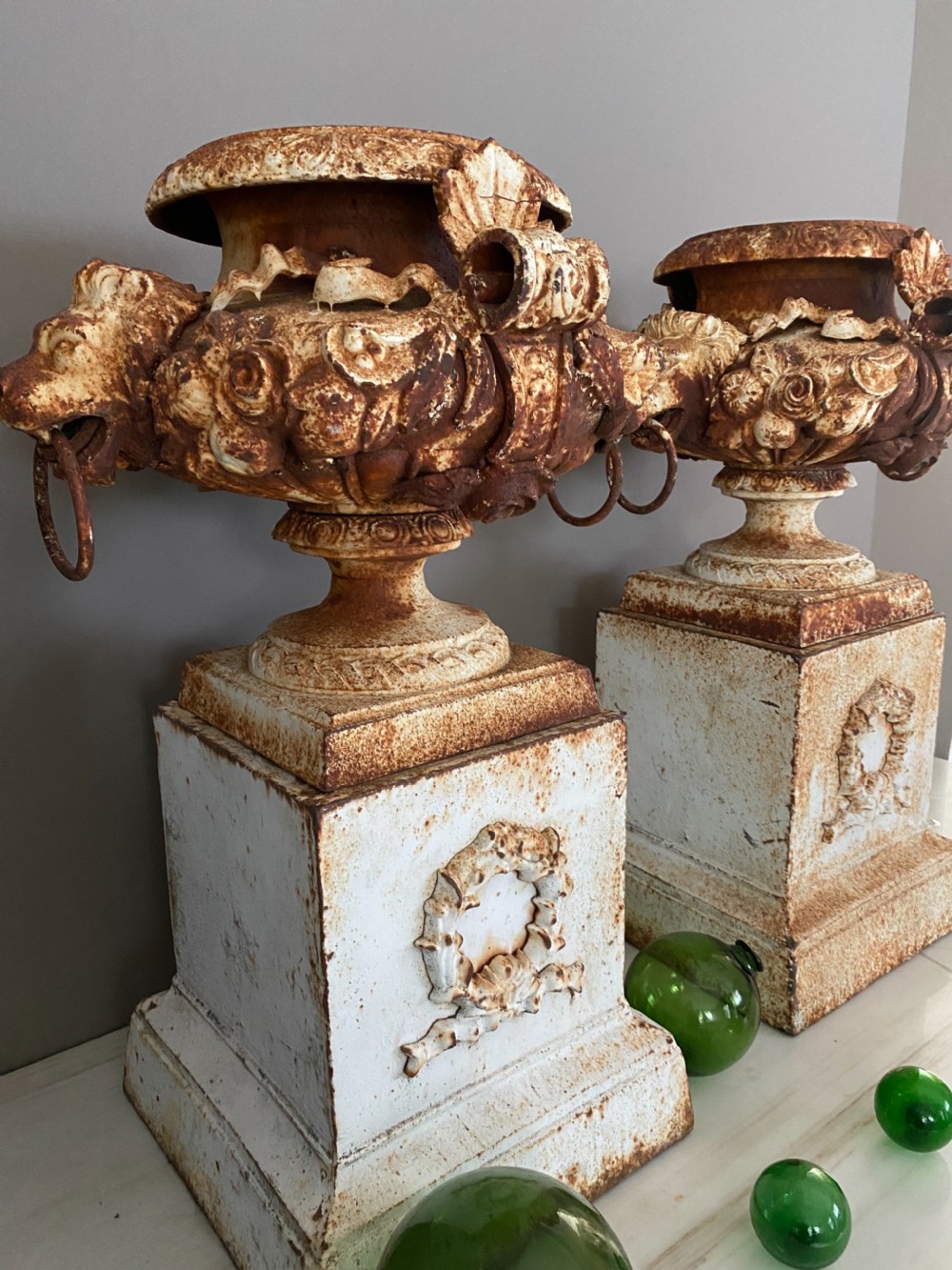 Stunning Antique Pair of Lion Head Ribbons Cast Iron Urns