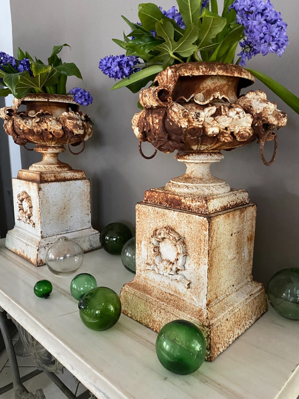 Stunning Antique Pair of Lion Head Ribbons Cast Iron Urns View III