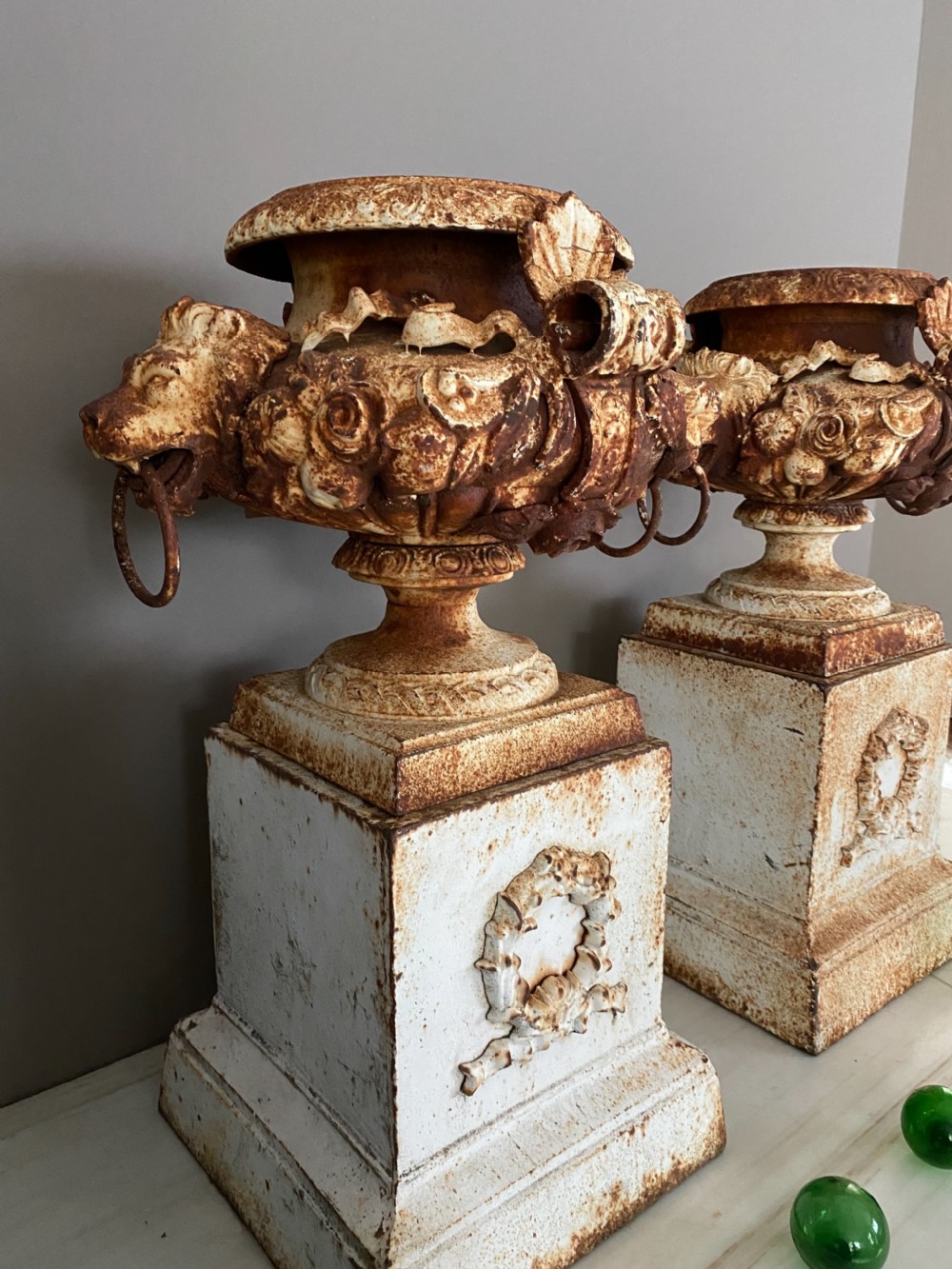 Stunning Antique Pair of Lion Head Ribbons Cast Iron Urns View VI