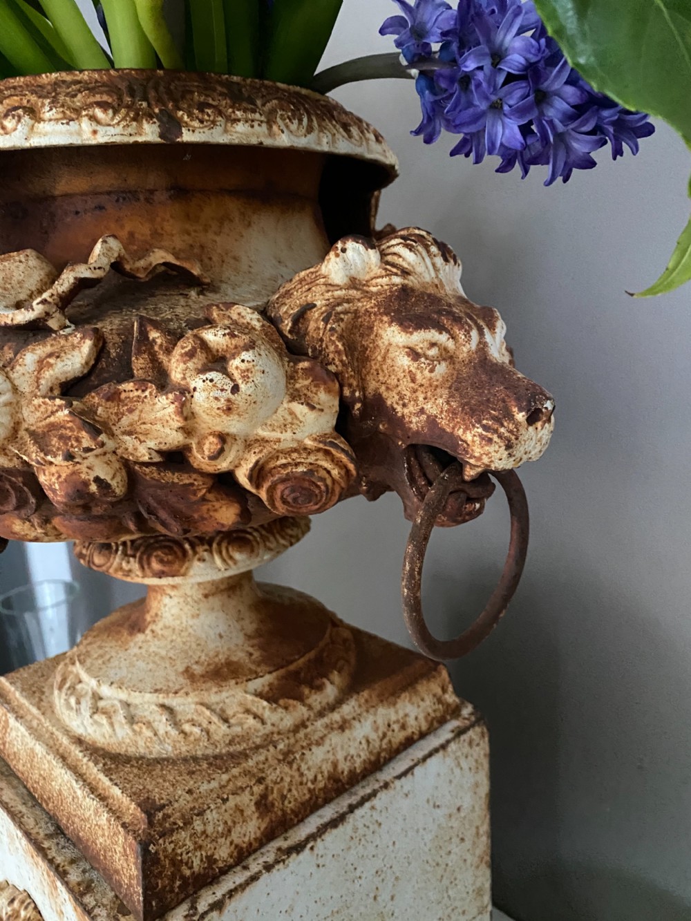 Stunning Antique Pair of Lion Head Ribbons Cast Iron Urns View VII