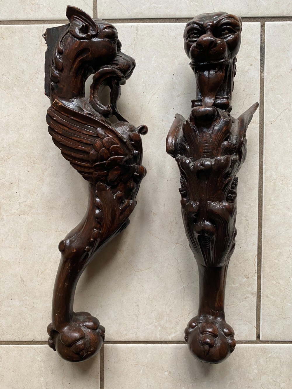Carved Oak Winged Griffin Caryatids with ball and claw feet.  View II