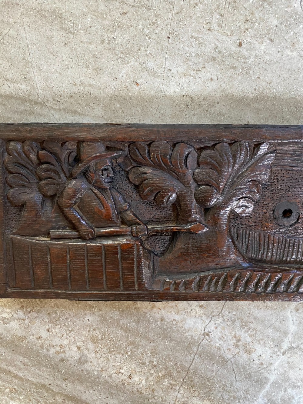 18th Century FolkArt Carved Oak DOG Hunting Panel. View II