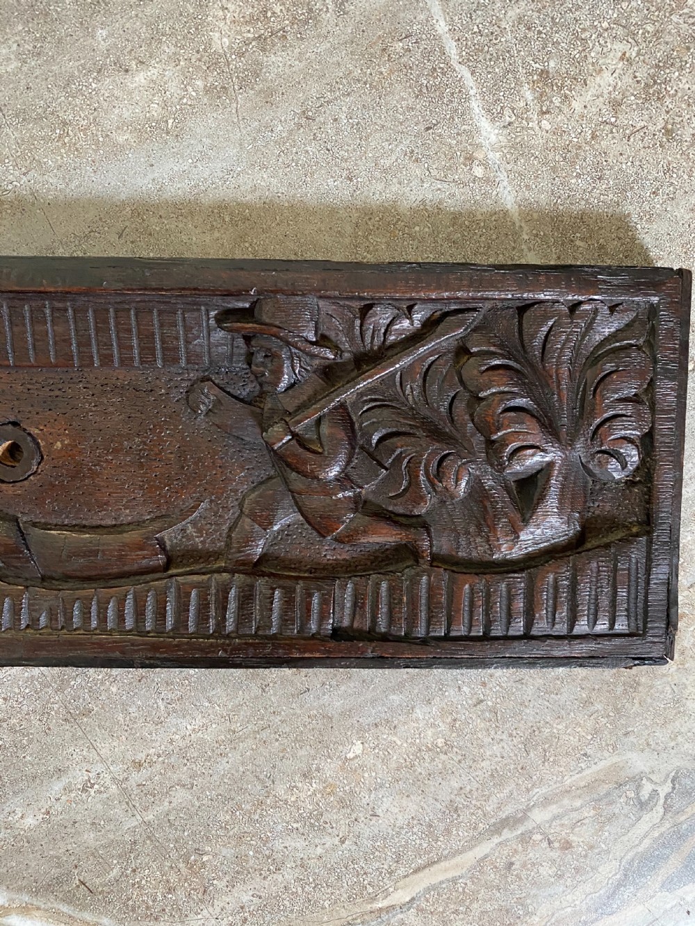 18th Century FolkArt Carved Oak DOG Hunting Panel. View III