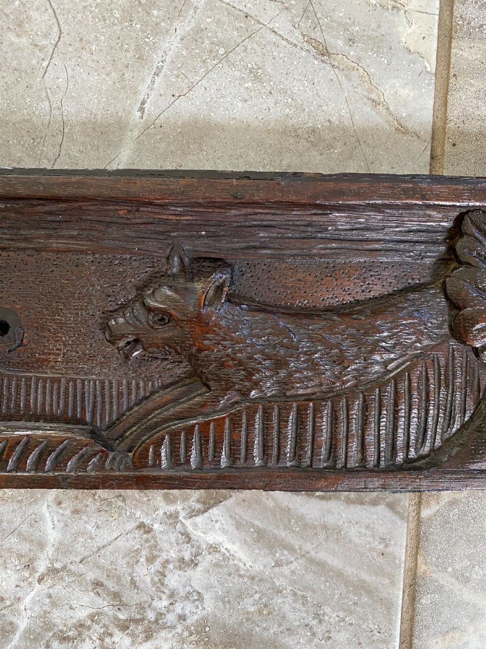 18th Century FolkArt Carved Oak DOG Hunting Panel. View IV