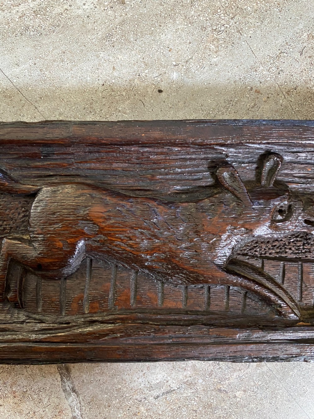 18th Century Folk Art Carved Oak Hunting Panel. View III