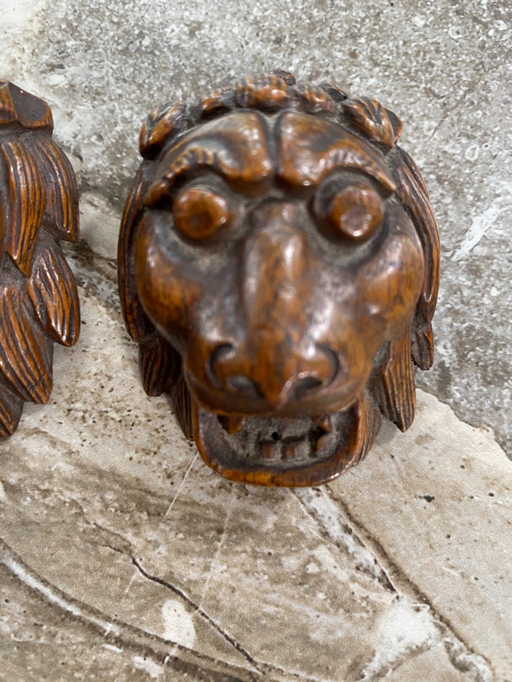 Antique Carved Oak Mythical Lion Heads  View II