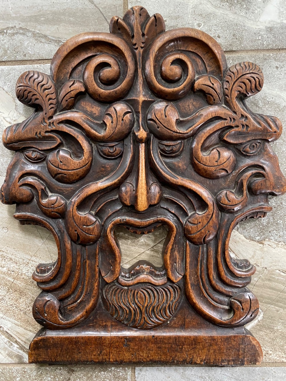 Antique Carved Walnut Mythical Green Man Panel