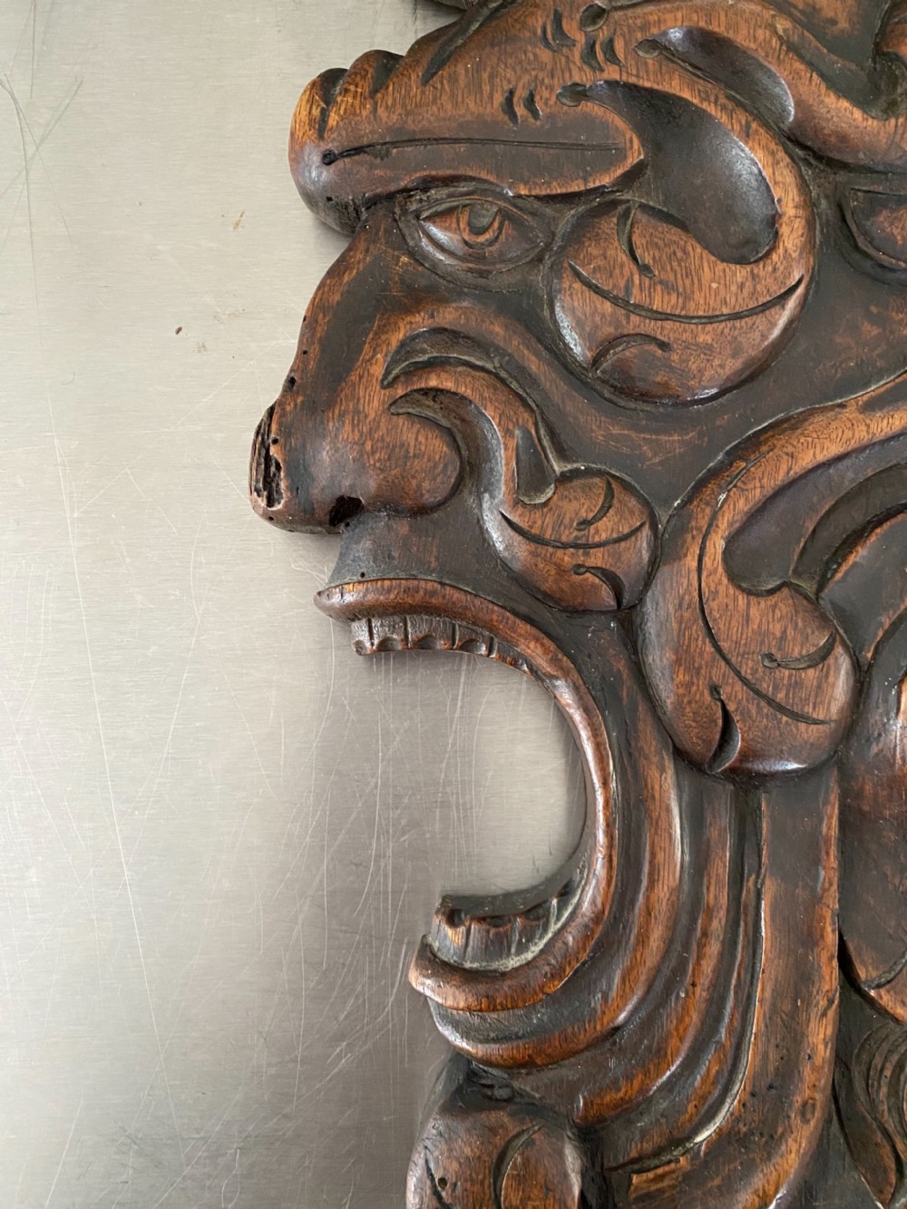 Antique Carved Walnut Mythical Green Man Panel View III