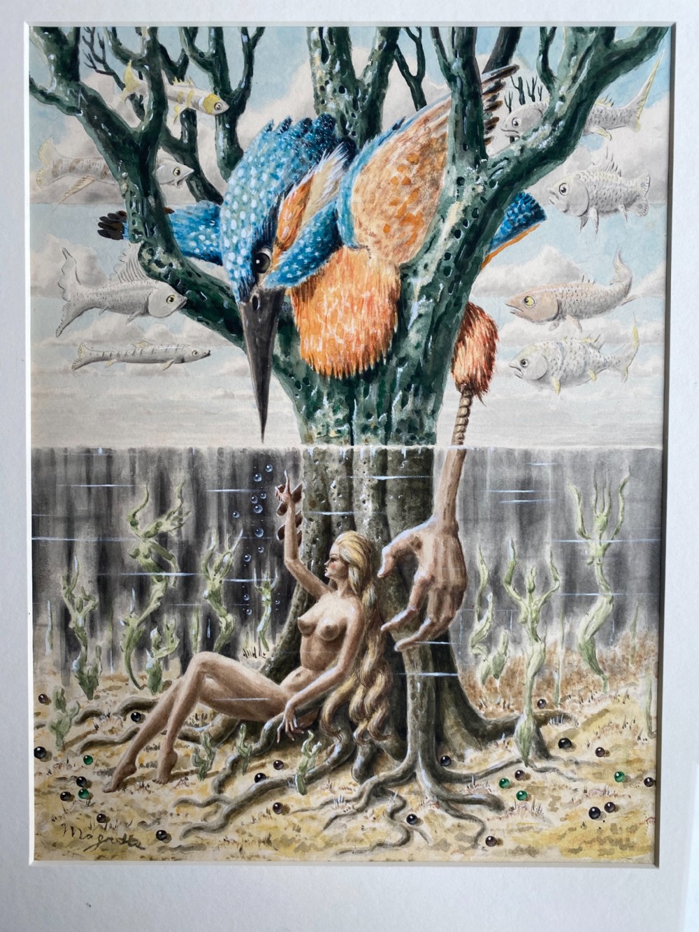 Antique Surrealist Watercolour Painting signed Magritte