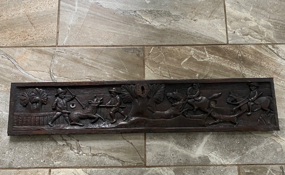 18th Century Folk Art Carved Oak Hunting Panel.