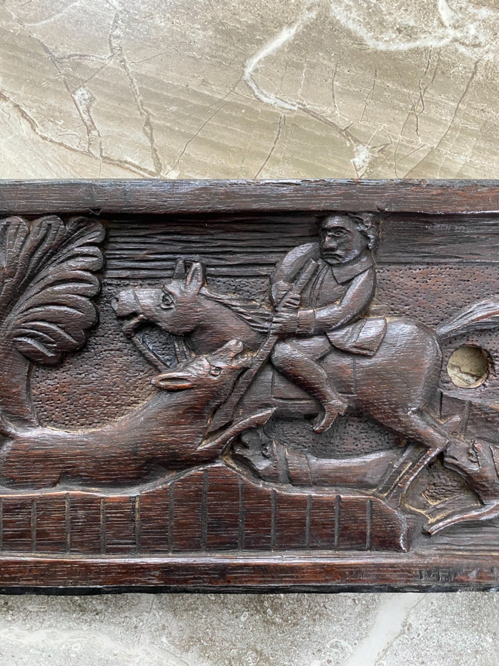 18th Century Folk Art Carved Oak Hunting Panel. View II