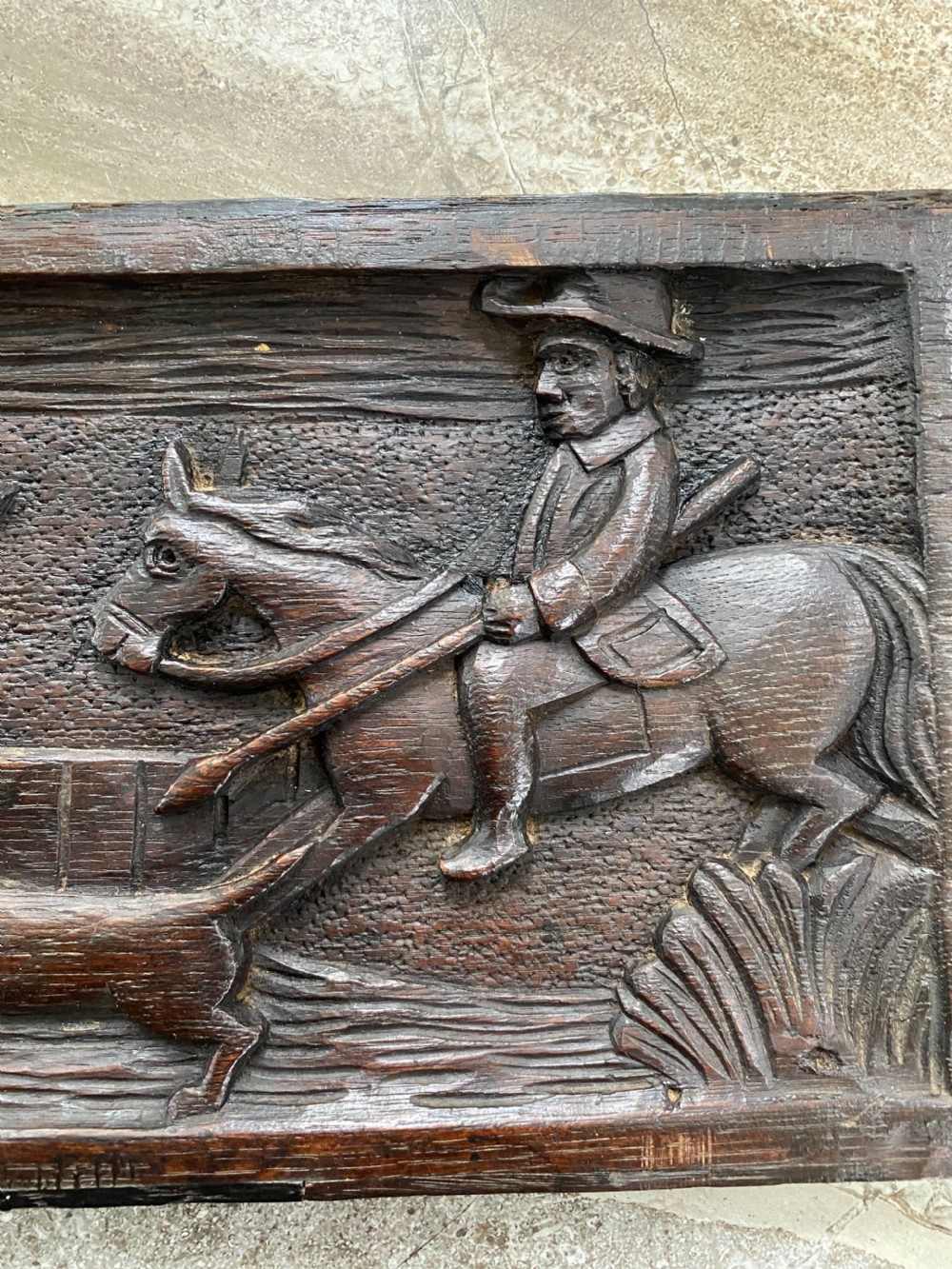 18th Century Folk Art Carved Oak Hunting Panel. View III
