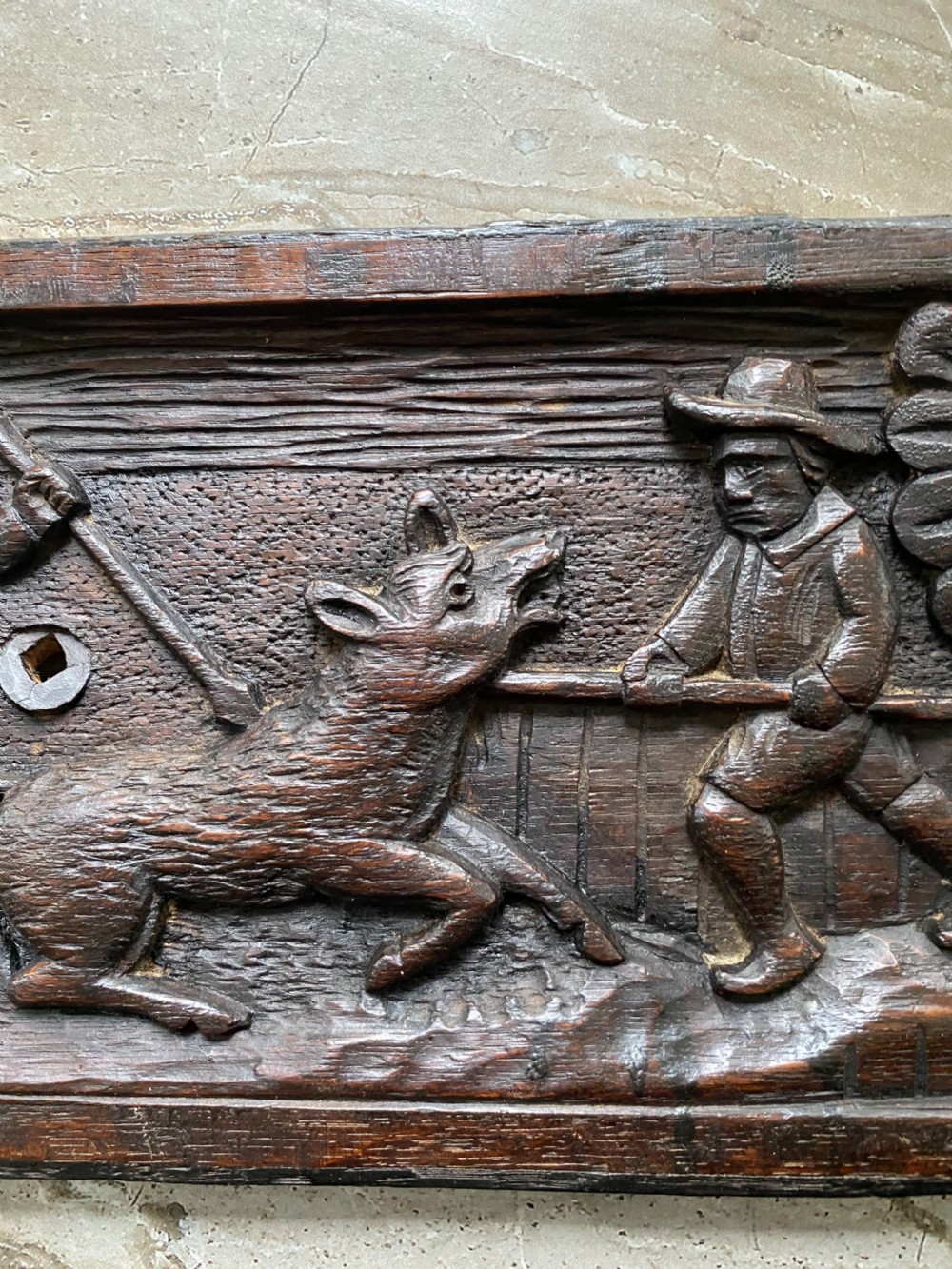 18th Century Folk Art Carved Oak Hunting Panel. View IV