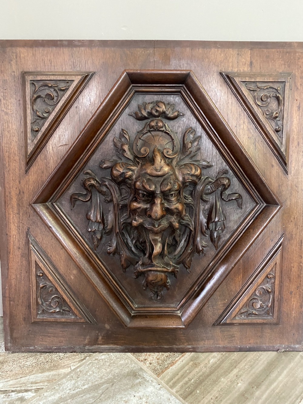 19th Century Deeply Carved Horned Devil Panel