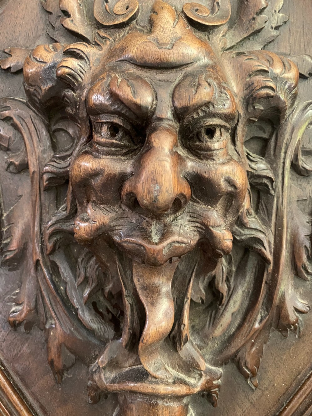 19th Century Deeply Carved Horned Devil Panel View II