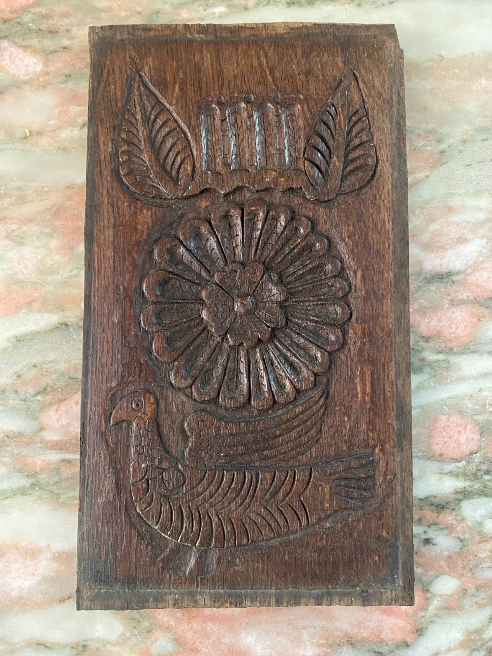 17th Century Carved Oak Daisy and Bird Panel