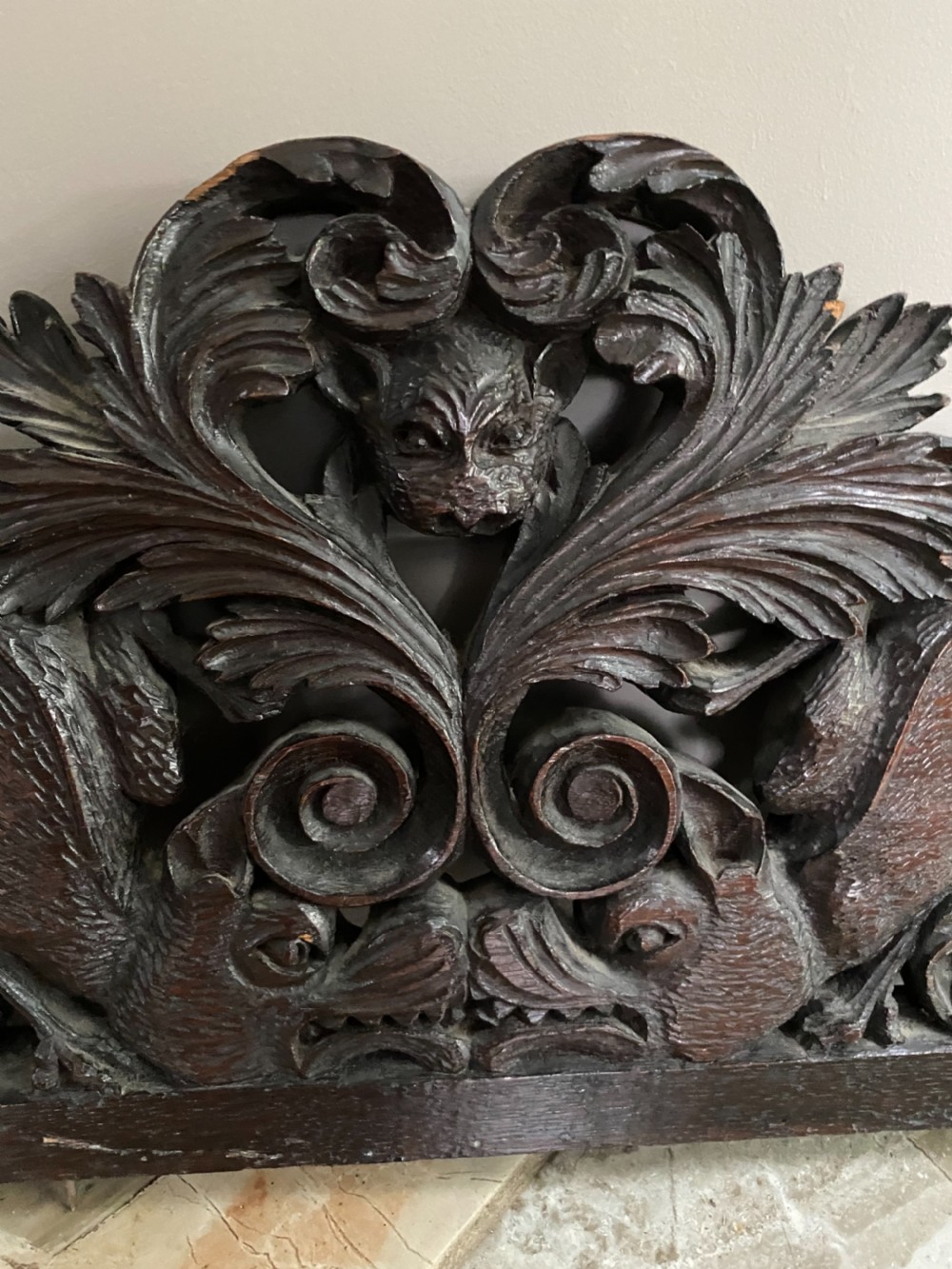19TH CENTURY CARVED OAK MYTHICAL BEAST PEDIMENT PANEL View II