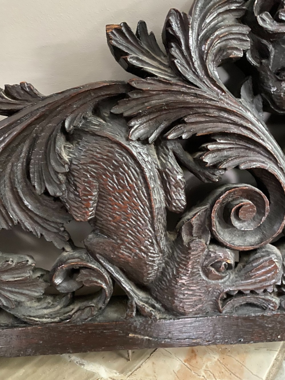 19TH CENTURY CARVED OAK MYTHICAL BEAST PEDIMENT PANEL View III