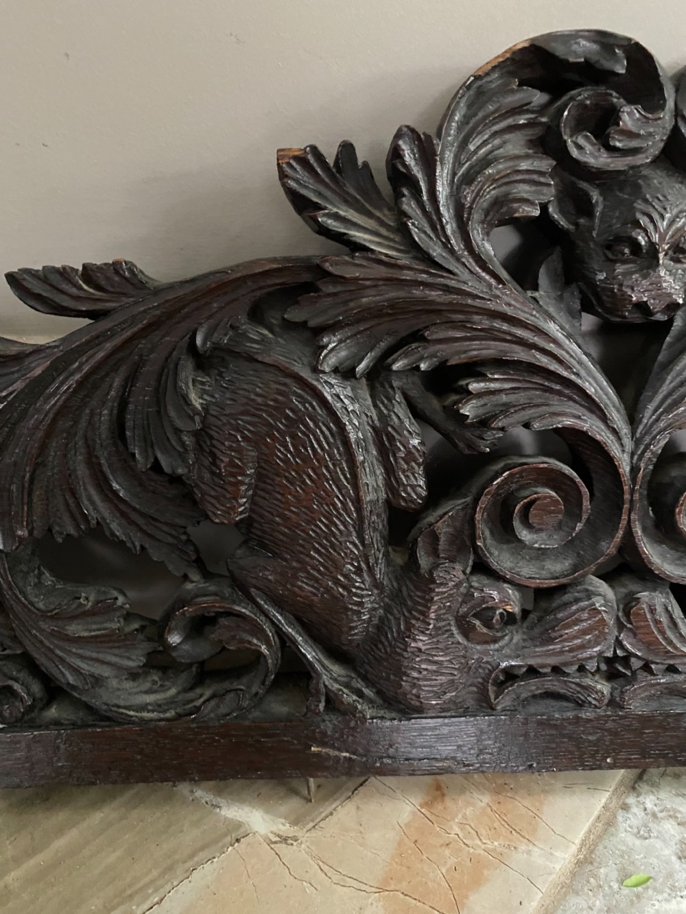 19TH CENTURY CARVED OAK MYTHICAL BEAST PEDIMENT PANEL View IV