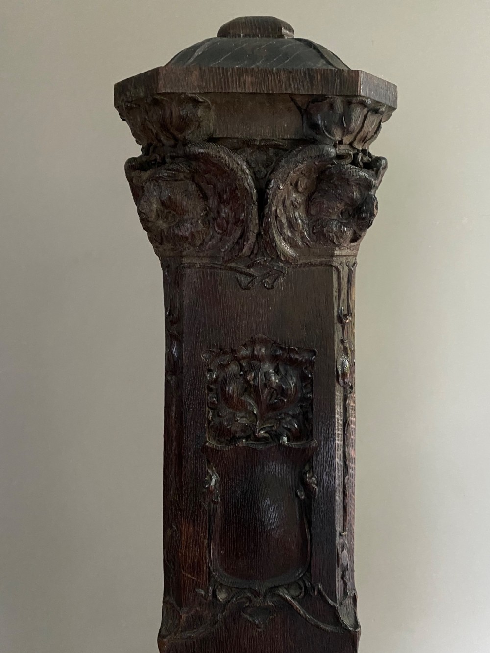 RARE Art Nouveau Carved Oak Newel Post OWLS AND CARTOUCHES View II