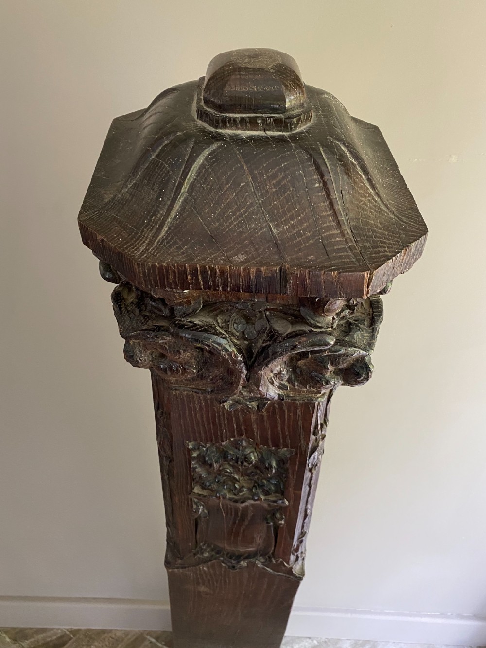 RARE Art Nouveau Carved Oak Newel Post OWLS AND CARTOUCHES View III