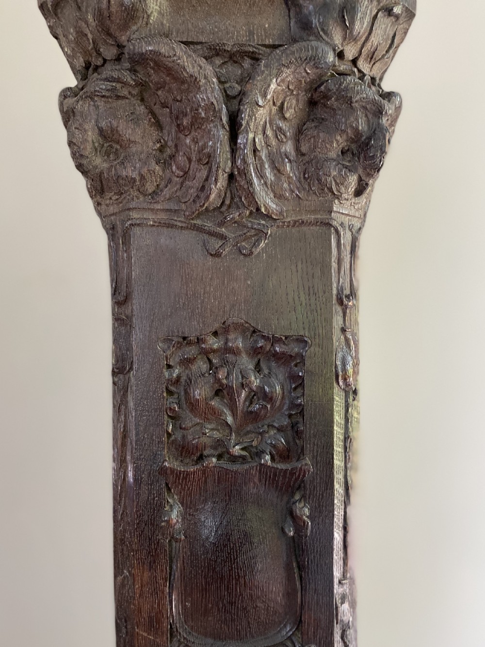 RARE Art Nouveau Carved Oak Newel Post OWLS AND CARTOUCHES View IV